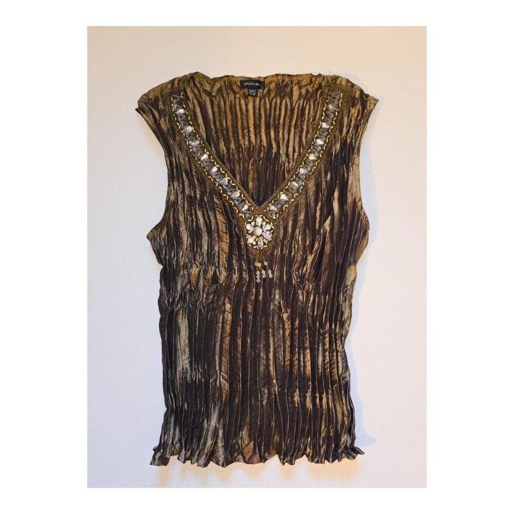 Boho Metallic Crinkle Jewel Tunic Top – Beaded V Neck Party Blouse